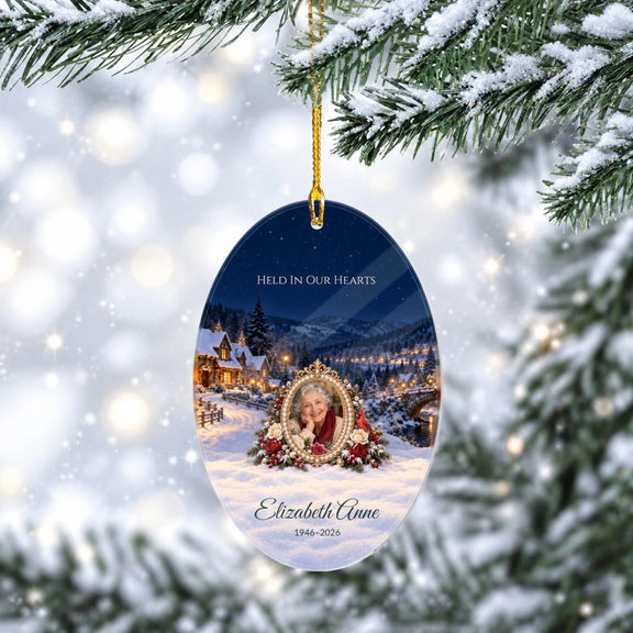 Memorial Photo Frame Held In Our Hearts Personalized Acrylic Oval Ornament