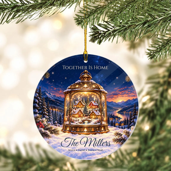 Village in a Lantern Together Is Home Personalized Wooden Circle Ornament