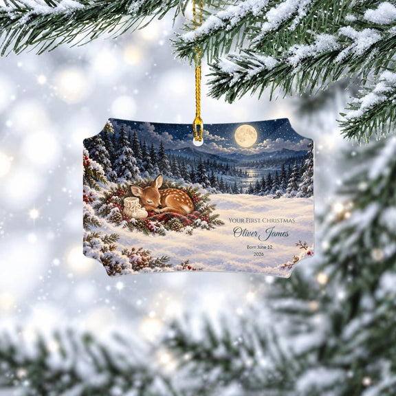 Sleeping Fawn Your First Christmas Personalized Wooden Scalloped Ornament