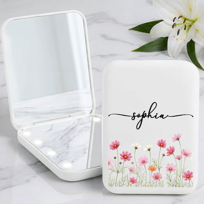 Custom Name & Birth Flower Birthday Gift For Her, Sisters, Daughter, Friends - Personalized Mirror