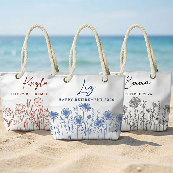 Happy Retirement Custom Birth Flower & Name - Personalized Beach Bag