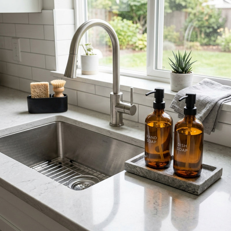 The Sleek Kitchen Countertop: Organizing Soap Dispensers and Sponge Trays