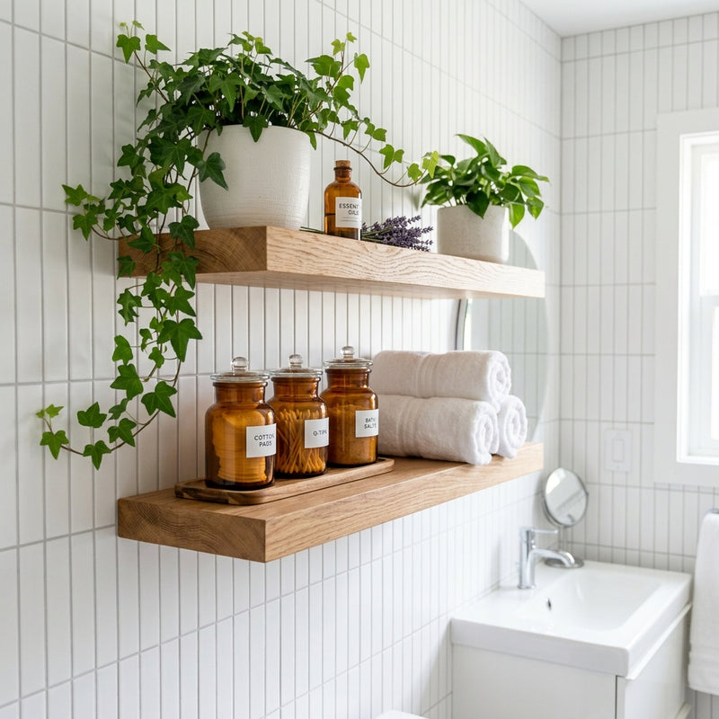 Small Space Bathroom Hacks: Floating Wood Shelves & Towel Hooks