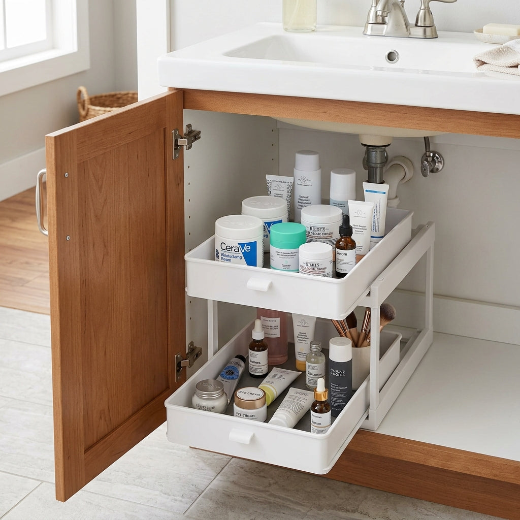 Under-Sink Vanity Organizer: Setting Up White Sliding Racks for Cosmetics