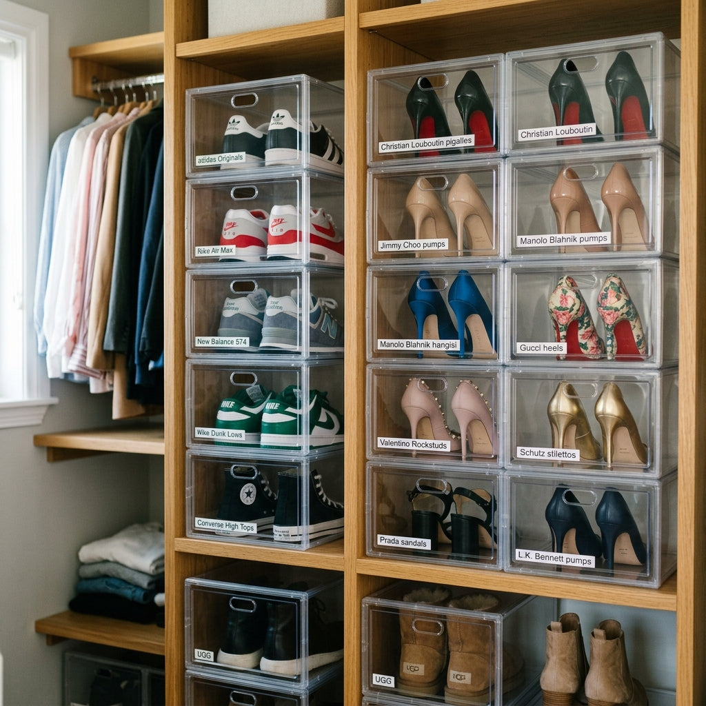 Closet Shoe Storage: Acrylic Shoe Boxes vs. Hanging Racks