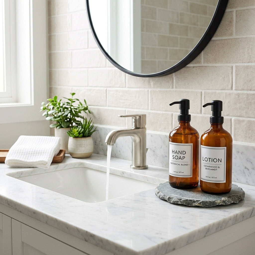 Aesthetic Skincare Setup: Styling Amber Pump Bottles Next to the Basin