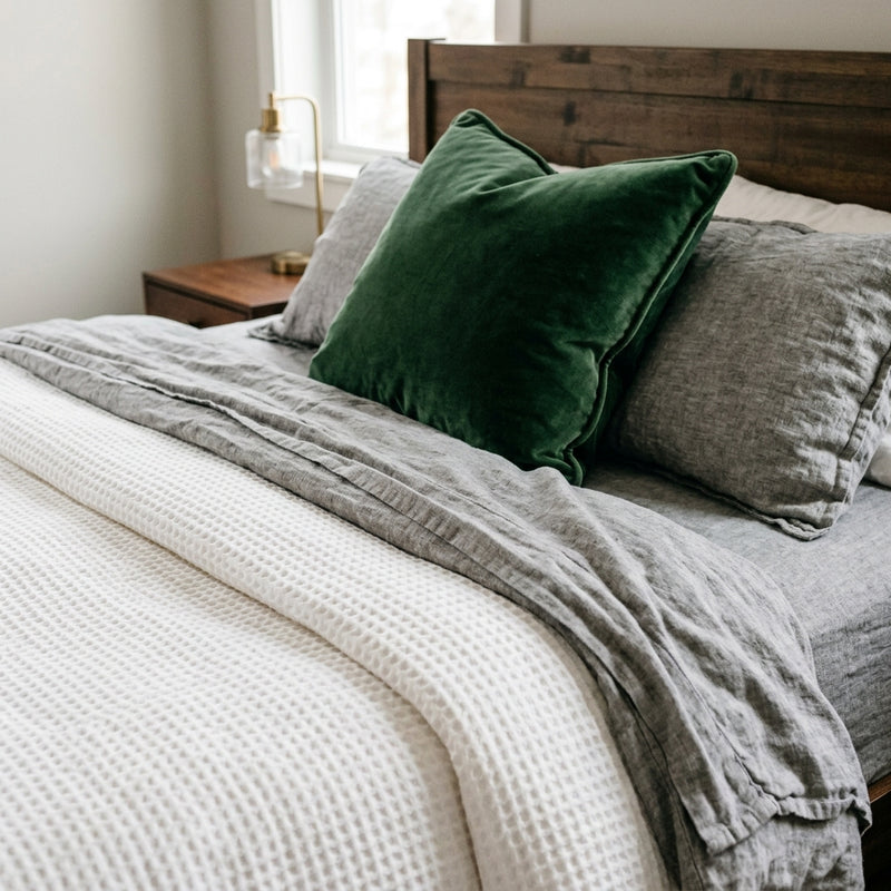 Tactile Bedding: Mixing Linen, Waffle, and Velvet Layers