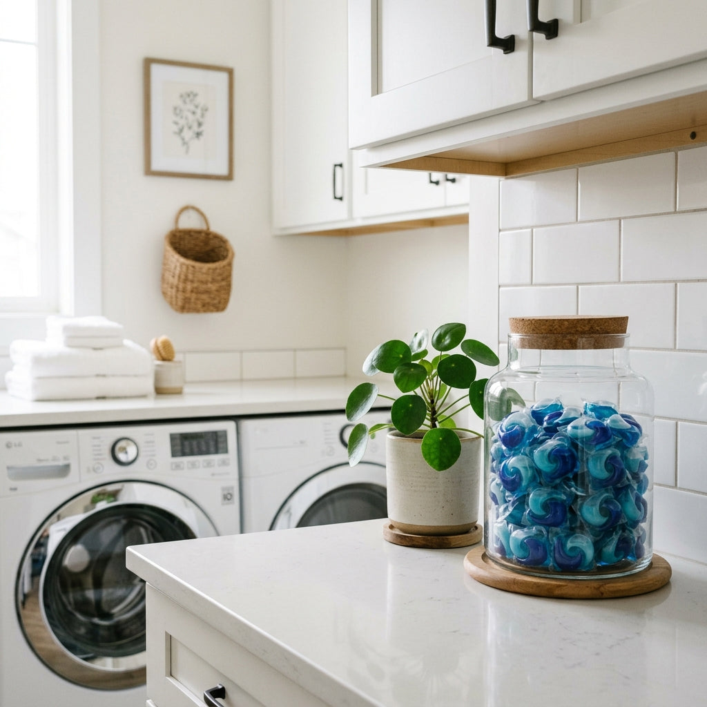 Laundry Room Shelving: Organizing Soap Pods in Glass Containers