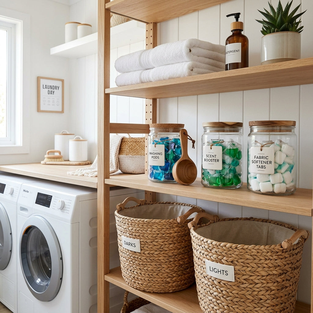 Laundry Room Setup: Organizing Detergent Bins and Lint Baskets