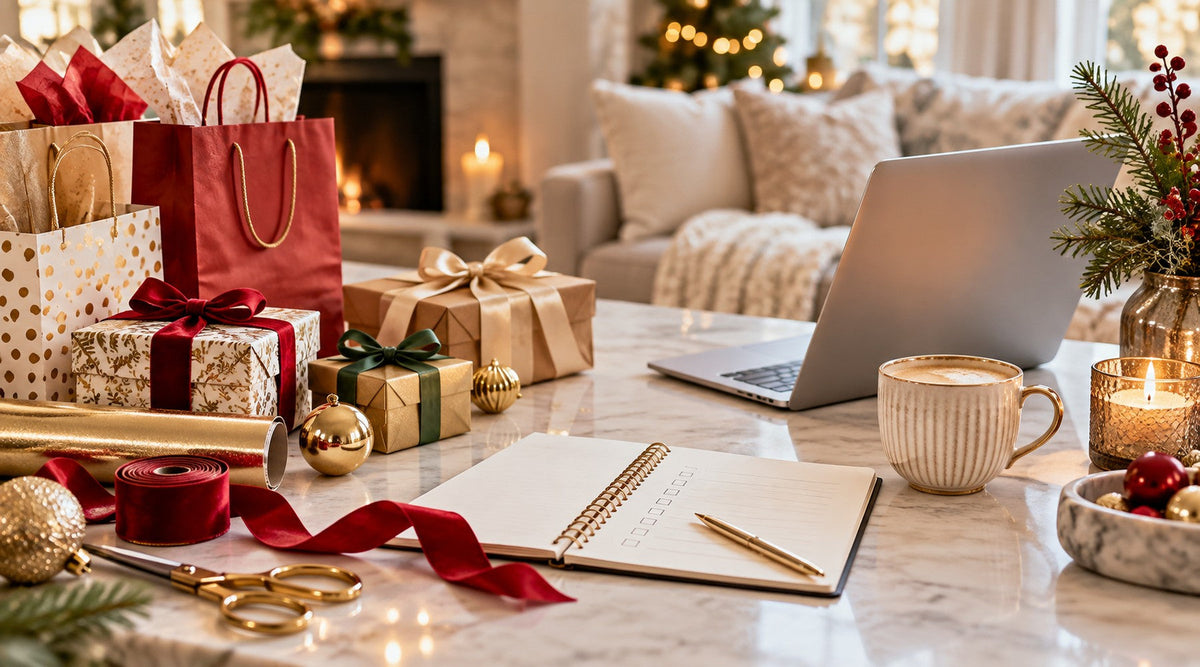 Christmas shopping bags, wrapped gifts and a holiday shopping list