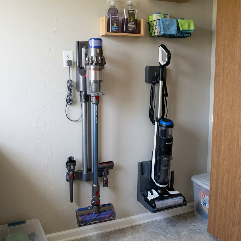 Aesthetic Utility Closet: Hanging Racks for Vacuum Cleaners and Mops