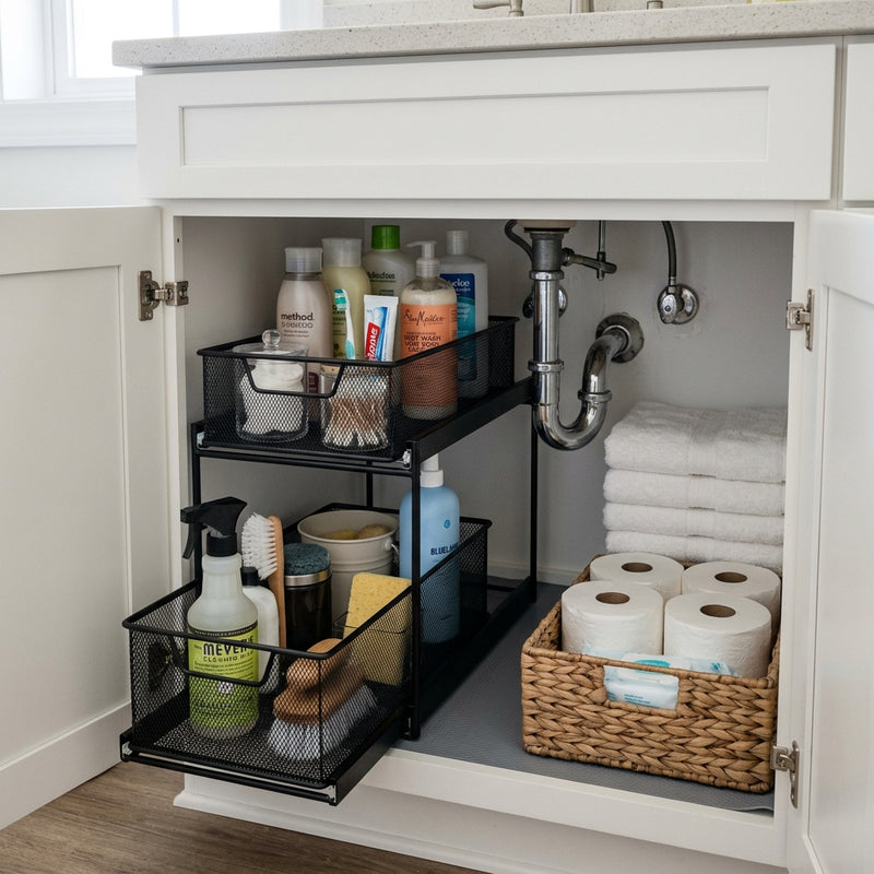 Under-Sink Organization: Sliding Baskets for Bathroom Cabinets
