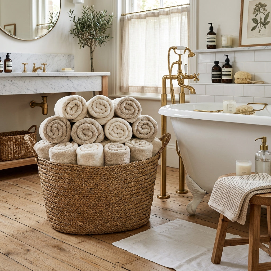 Aesthetic Towel Storage: Spa-Inspired Rolled Towel Basket Styling