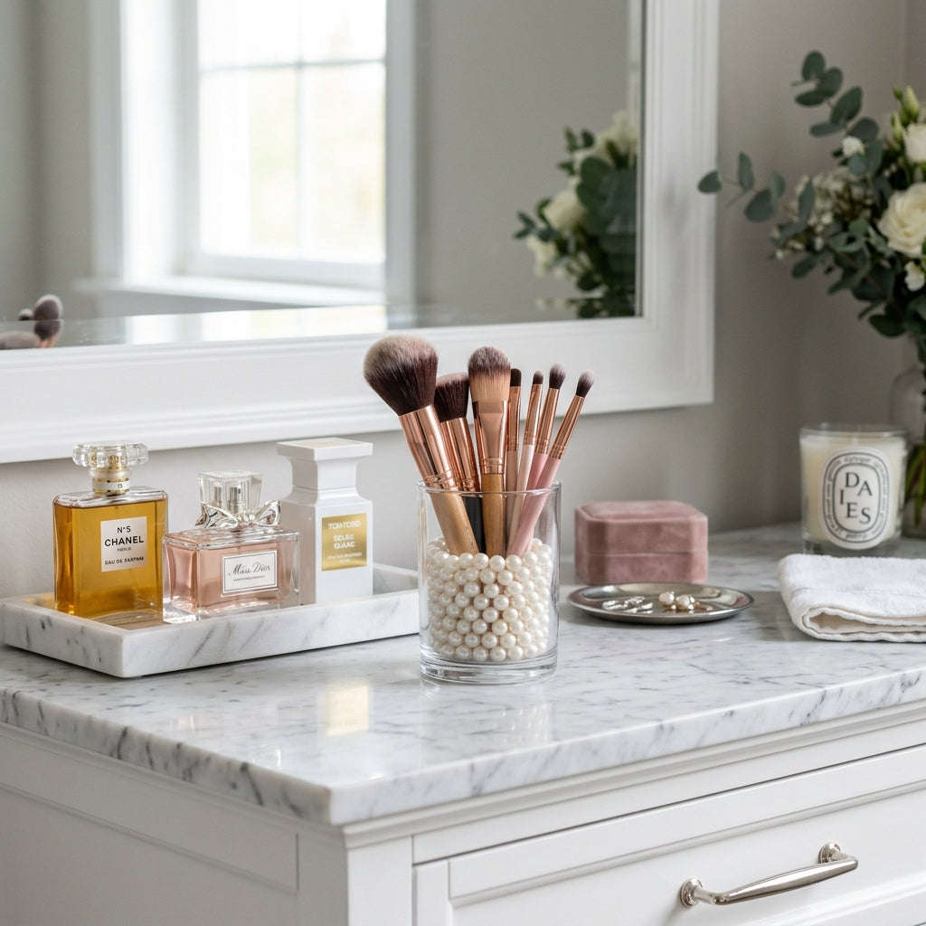 Vanity Countertop Declutter: Keeping Makeup Brushes and Perfume Organized