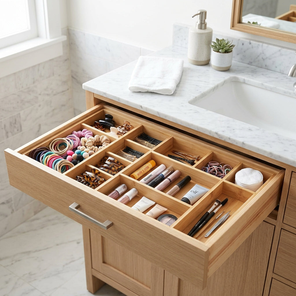 Organizing Vanity Drawers: Bamboo Dividers for Hair Ties and Bobby Pins