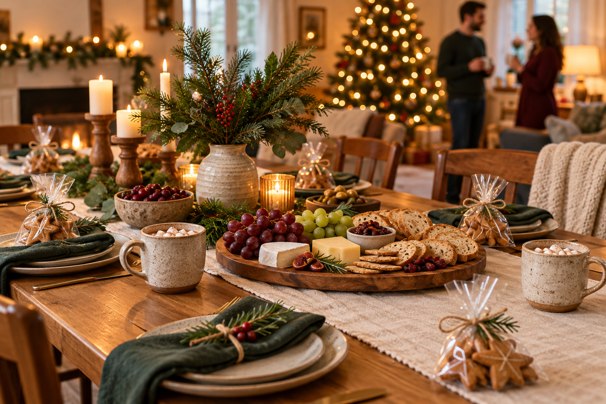 Cozy Christmas party table with appetizers, hot cocoa and festive candles