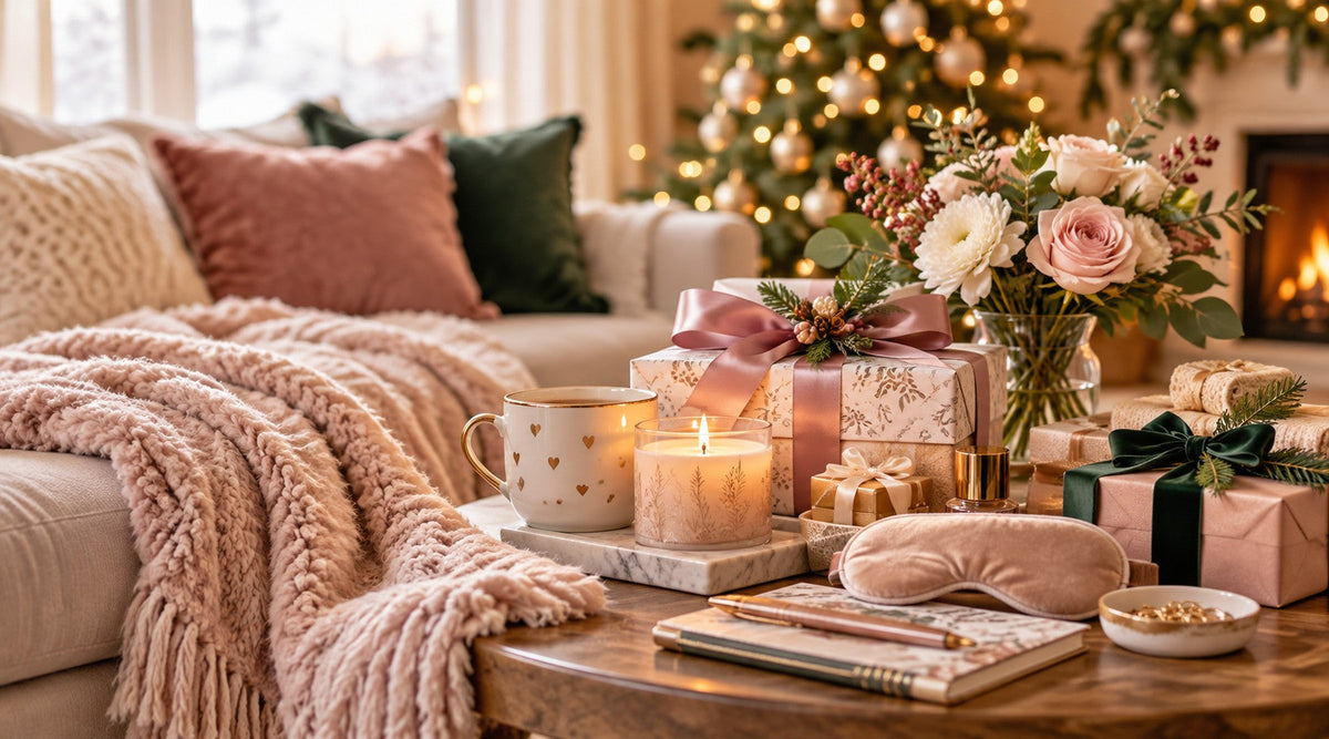 Cozy Christmas gifts for mom with a blanket, candle and flowers