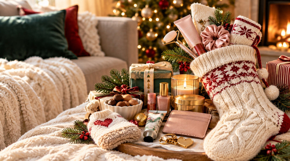 Knit Christmas stocking filled with small gifts for adults