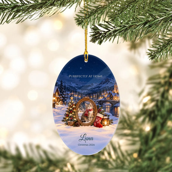 Cat By The Christmas Tree Photo Personalized Wooden Oval Ornament
