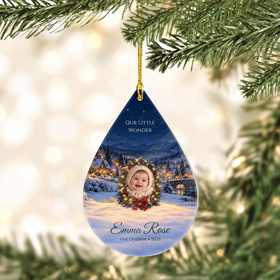 Baby's First Smile Photo Personalized Wooden Teardrop Ornament