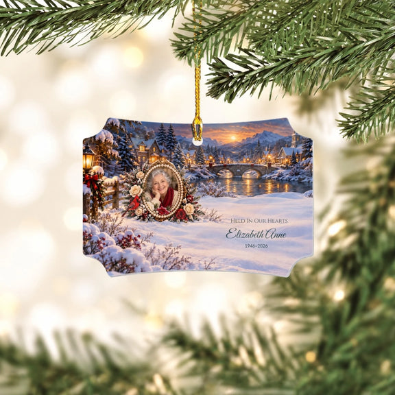 Memorial Photo Frame Held In Our Hearts Personalized Wooden Scalloped Ornament
