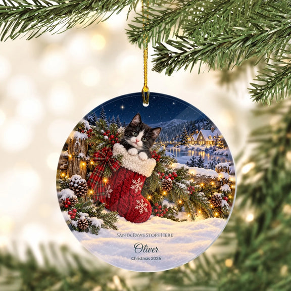 Cat Stocking Santa Paws Stops Here Personalized Acrylic Circle Ornament