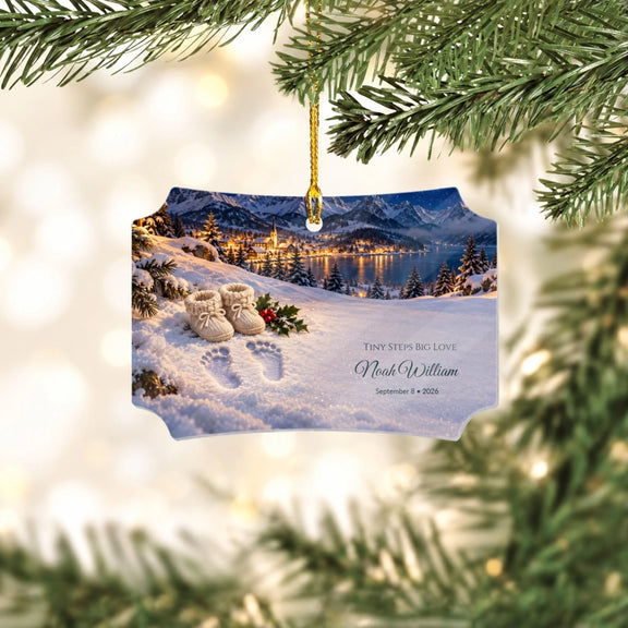 Footprints In The Snow Tiny Steps Big Love Personalized Acrylic Scalloped Ornament