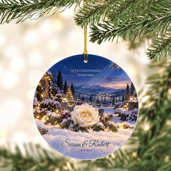 Golden Anniversary Fifty Christmases Together Personalized Wooden Circle Ornament