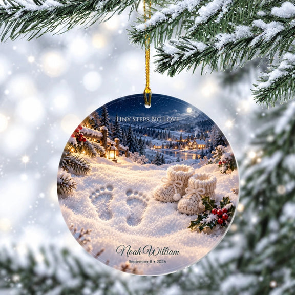 Footprints In The Snow Tiny Steps Big Love Personalized Wooden Circle Ornament