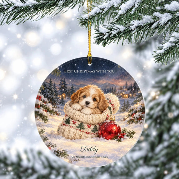 Puppy's First Christmas With You Personalized Wooden Circle Ornament