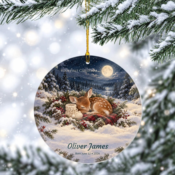 Sleeping Fawn Your First Christmas Personalized Acrylic Circle Ornament