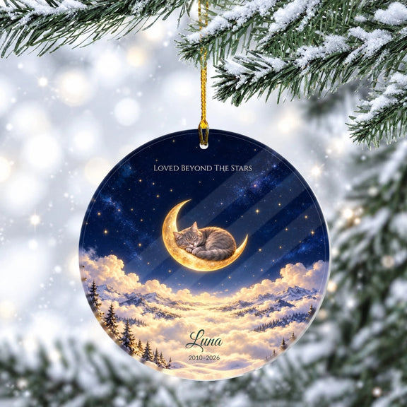Cat Sleeping On The Moon Pet Memorial Personalized Wooden Circle Ornament