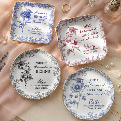 A Sweet Ending To A New Beginning Graduation Gifts For Her - Toile De Jouy Birth Flowers - Personalized Jewelry Dish
