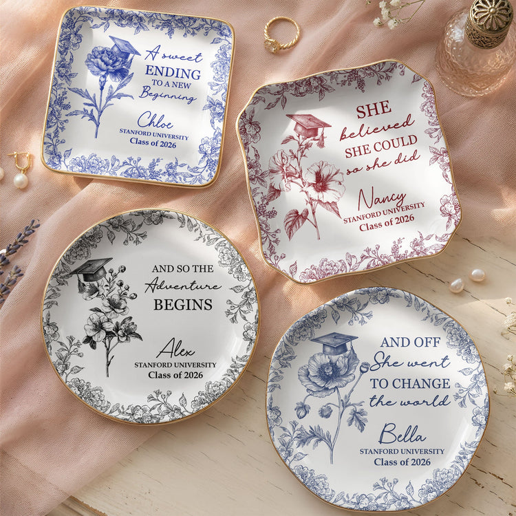A Sweet Ending To A New Beginning Graduation Gifts For Her - Toile De Jouy Birth Flowers - Personalized Jewelry Dish
