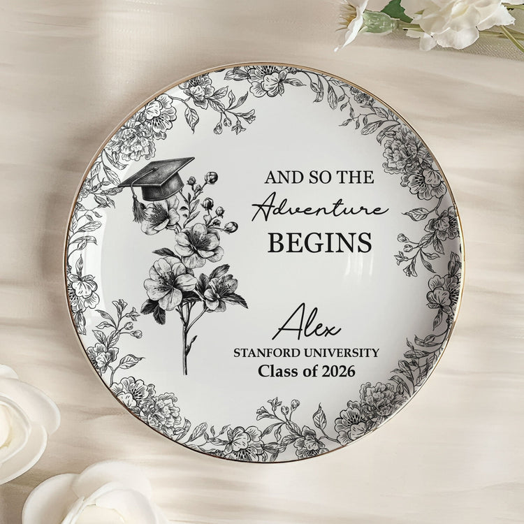 A Sweet Ending To A New Beginning Graduation Gifts For Her - Toile De Jouy Birth Flowers - Personalized Jewelry Dish