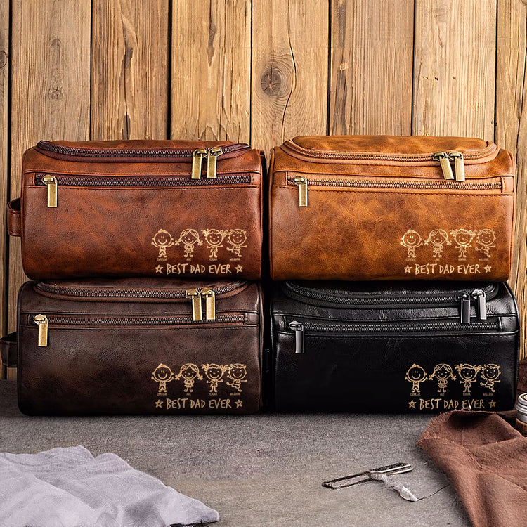 Best Dad Ever - Stick Figure Version - Personalized Leather Toiletry Bag