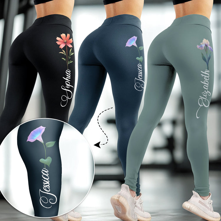 Custom Birth Flower With Name - Personalized Leggings
