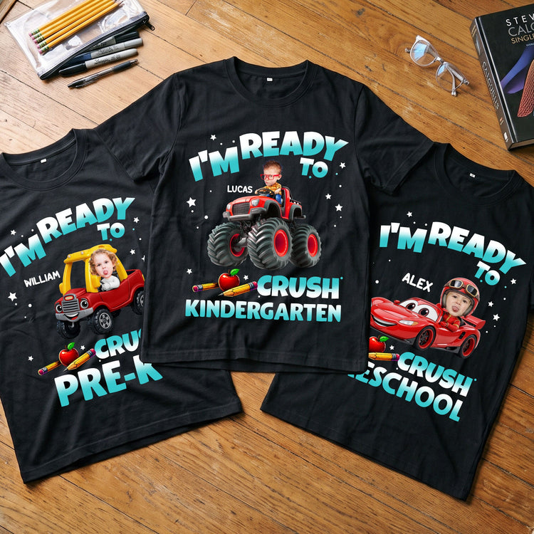 Custom Face Kid Riding Monster Truck Back To School - Personalized Shirt