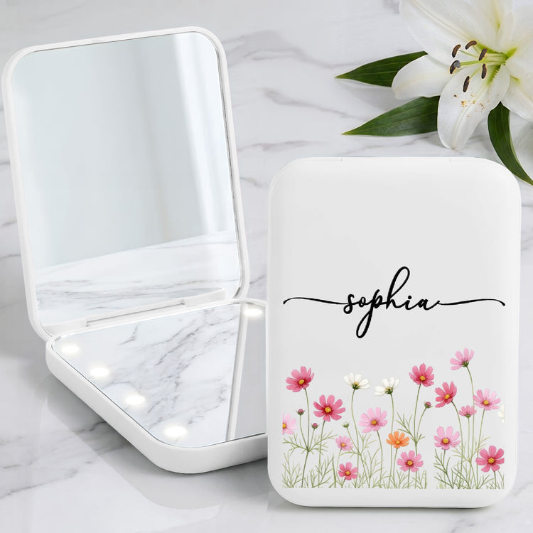 Custom Name & Birth Flower Birthday Gift For Her, Sisters, Daughter, Friends - Personalized Mirror