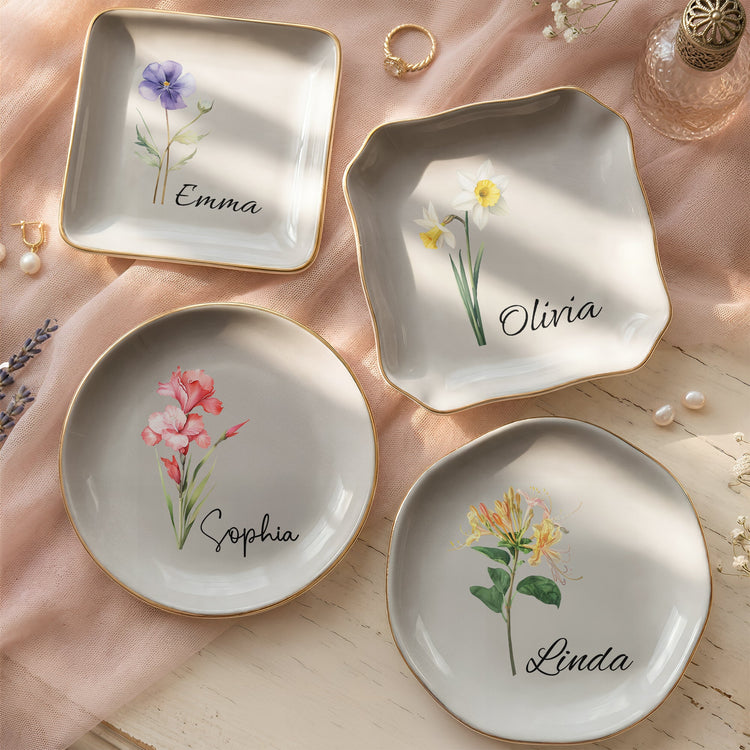 Custom Birth Flower & Name For Her, Gift For Friends, Sisters - Personalized Jewelry Dish