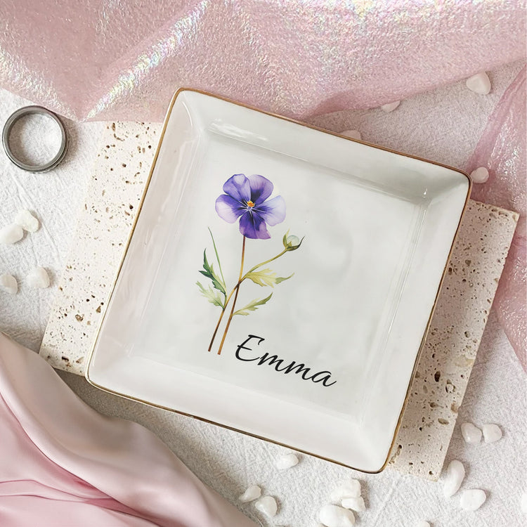 Custom Birth Flower & Name For Her, Gift For Friends, Sisters - Personalized Jewelry Dish