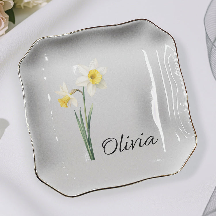 Custom Birth Flower & Name For Her, Gift For Friends, Sisters - Personalized Jewelry Dish