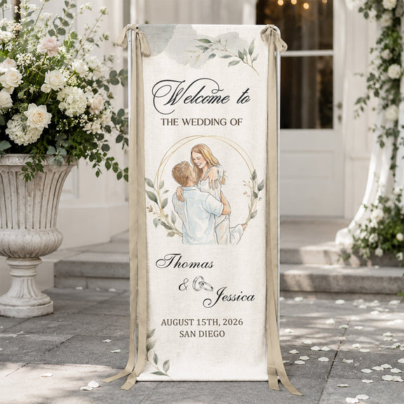 Custom Couple Photo Watercolor Art Wedding Welcome Sign - Personalized Welcome Sign