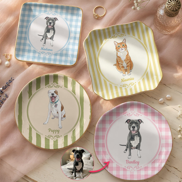 Custom Pet Portrait Watercolor Art Gift For Dog Mom, Cat Mom - Personalized Jewelry Dish