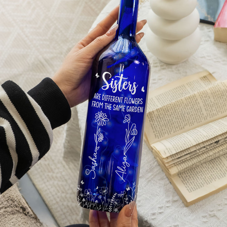 Different Flowers In Same Garden - Personalized Blue Bottle Lamp