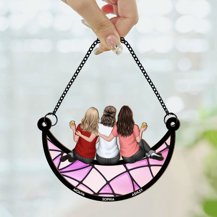 Friends, Sisters Sitting On The Moon - Personalized Window Hanging Suncatcher Ornament - Gifts For Women - Gift For Friend