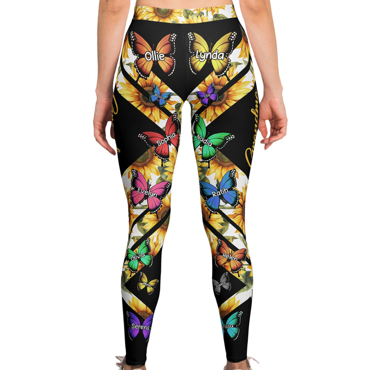 Grandma Custom Kid Names Butterfly Style - Personalized Leggings