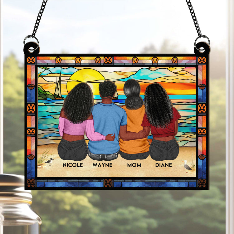 Mom & Children Sitting On The Beach - Personalized Window Hanging Suncatcher Ornament - Gift For Mom