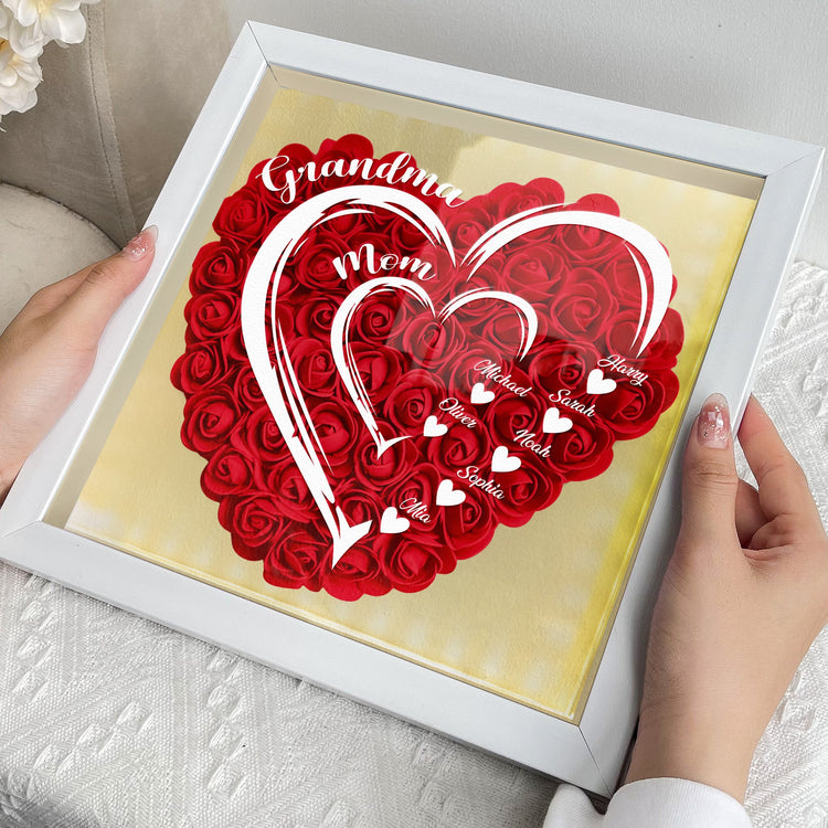 Mom Grandma Hearts Custom Kids' Names - Personalized Flower Shadow Box With LED Light