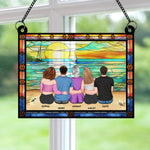 Mom & Children Sitting On The Beach - Personalized Window Hanging Suncatcher Ornament - Gift For Mom